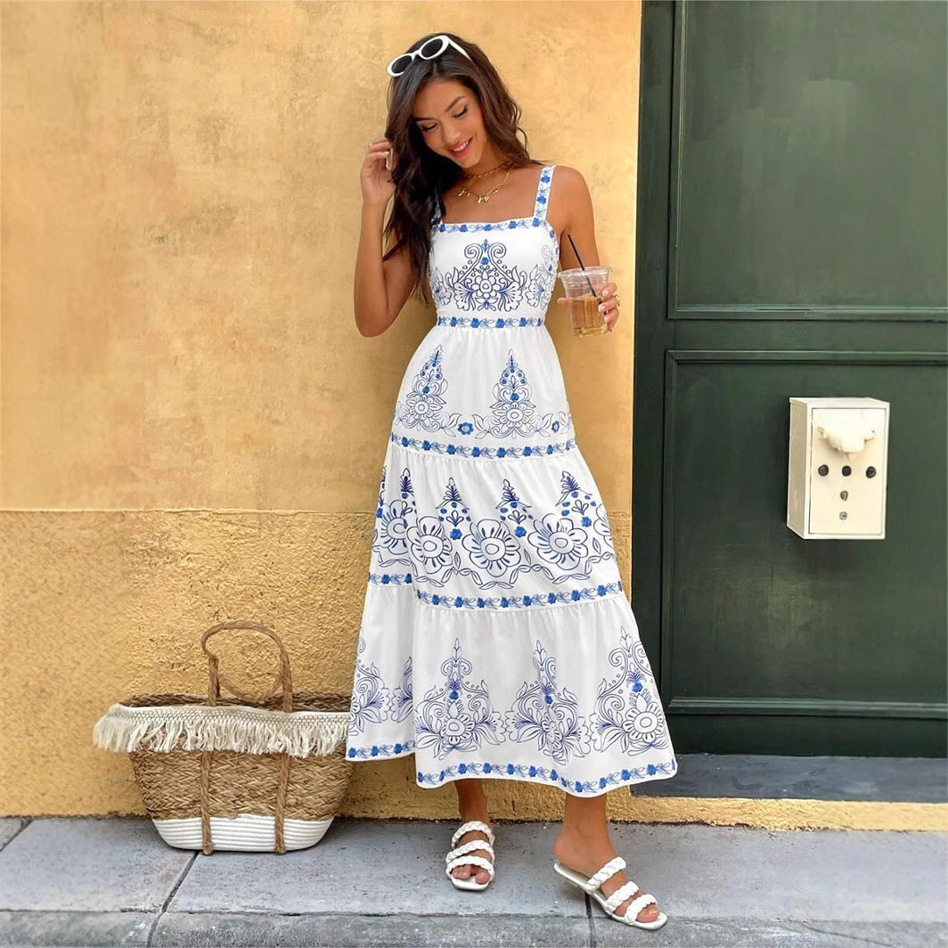 Natividad Statement Women's Floral Motif Maxi Dress with Adjustable Straps and Elastic Waistband Premium Wardrobe Essential