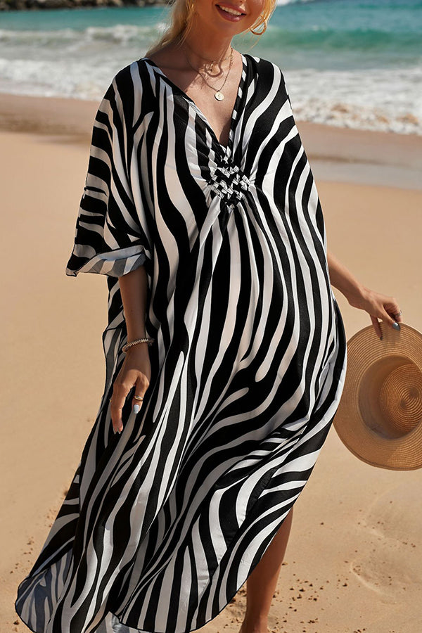 Simple Unique Printed Pleated Front Slit Cover Up