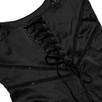 Square Neck Pintuck Trim Lace Up Back Satin Slip Maxi Dress - Black