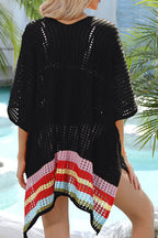 Color Block V Neck Slit Hollow Short Sleeved Knitted Cover Up