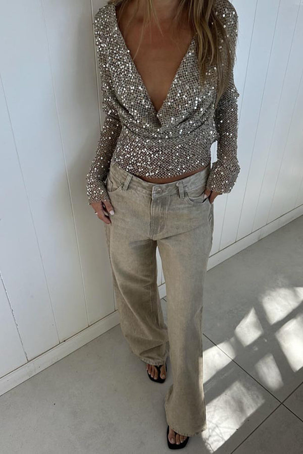 Fashionable Sequined Fishnet Casual Long-sleeved Top