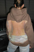 Fashionable Shiny Mesh Hollow Back Loose Long-sleeved Hooded Sweatshirt