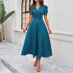 Jennifer Exclusive Dress with Puff Sleeves, V Neckline and Gathered Waist Statement Occasion Edit