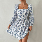 French Square Collar Elegant Dress High Waist Backless Lace up Floral
