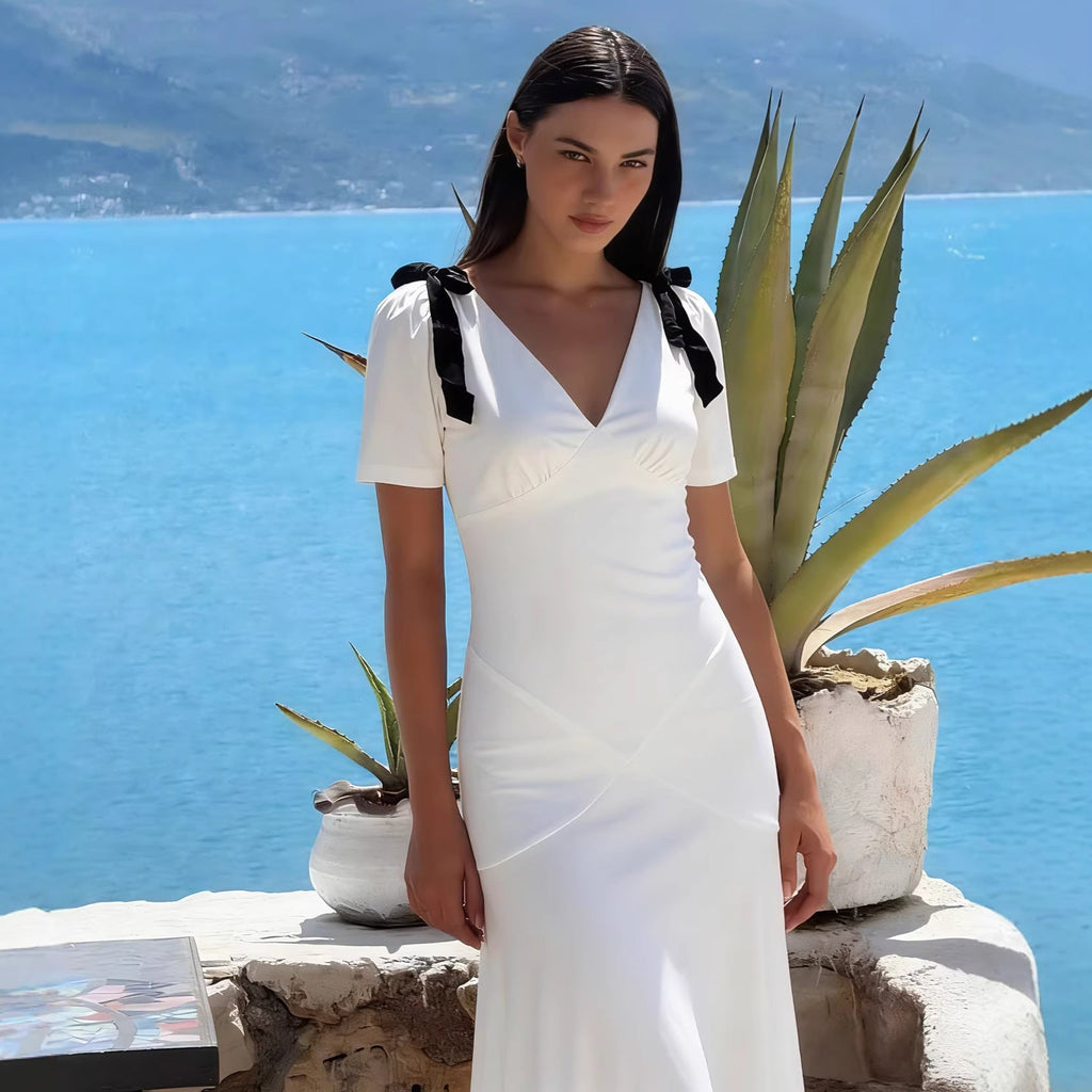 Elegant Deep V Plunge neck Low Cut Women Bubble Sleeve Bow Tie Dress Slim High Waist Draped Dress