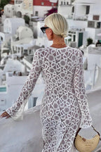 Women's Lace Lace White Lucky Flower Dress Long, Long Sleeve Sheer Tie INS Loose Holiday Split Dresses