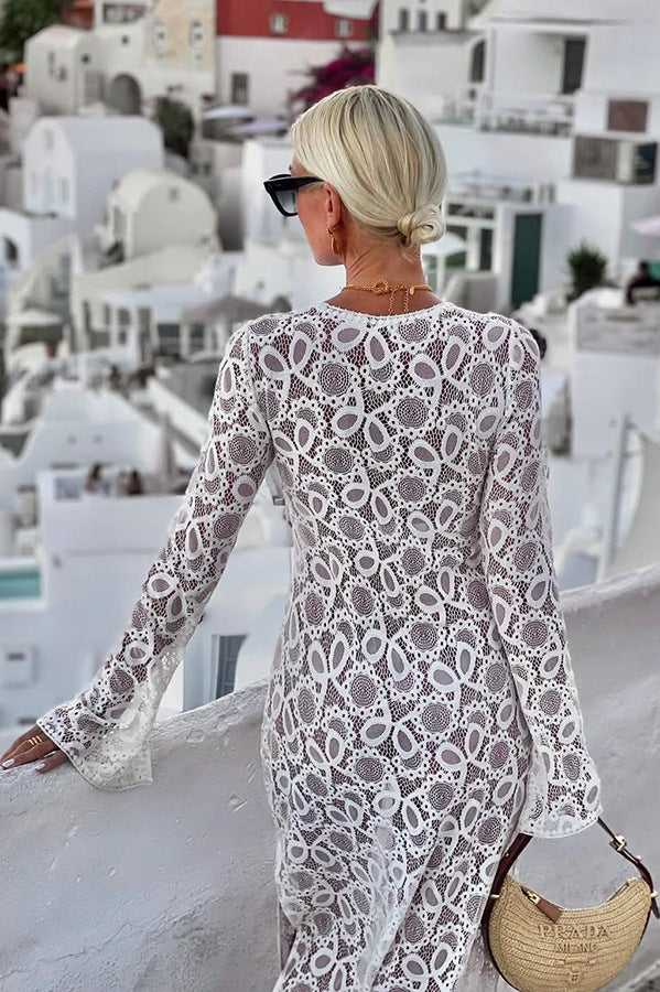 Women's Lace Lace White Lucky Flower Dress Long, Long Sleeve Sheer Tie INS Loose Holiday Split Dresses