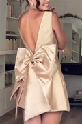 Mini waist cinching sexy satin oversized bow detail square neck mini dress