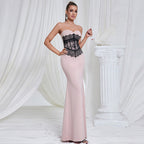 Dress Tube Top Lace Contrast Color Slim Fit Patchwork Maxi Dress Dinner Dress for