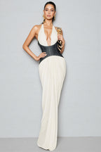 Sarads Deep V White Denim Maxi Dress