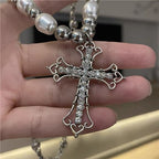 Hiphop Retro Pearl Punk Dark Gothic Cross Pendant Necklace