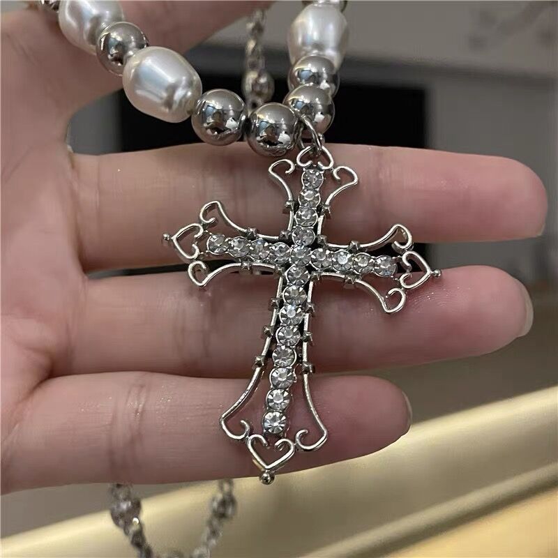 Hiphop Retro Pearl Punk Dark Gothic Cross Pendant Necklace