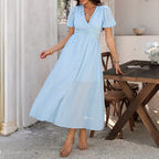 Jade Minimalist Maxi Dress with Puff Sleeves and a V Neckline Evening Wear Edit