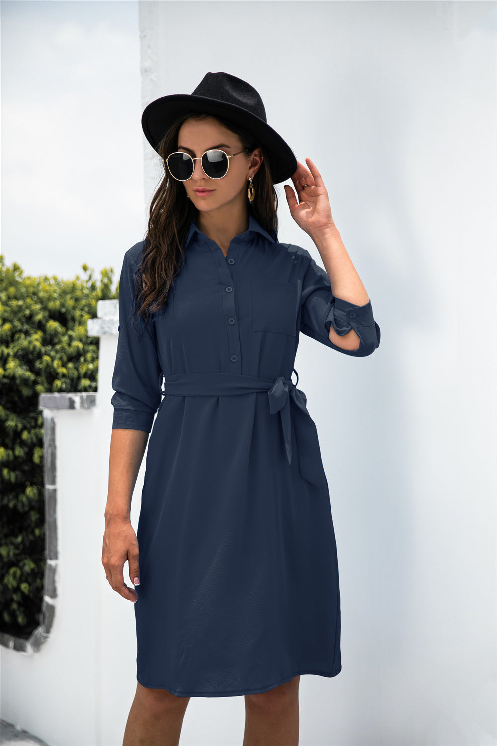 Office Chic Button Down Shirt Dress Navy