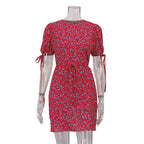 Floral Round Neck Short Sleeves Lace Up Slimming Dress