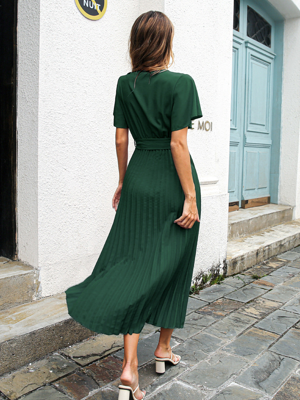 Josefa Satin Pleated Midi Dress Emerald FINAL