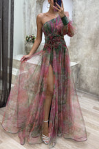 Elegant and beautiful chiffon floral pleated single shoulder sleeve slit long skirt for family