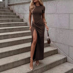 Autumn Winter Sexy Hollow Out Cutout out Backless round Neck Twisted High Slit Hip Dress