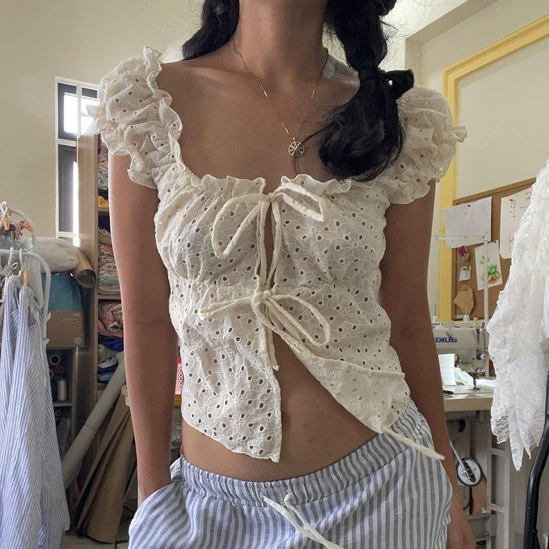 Mora Eyelet Tie-Front Blouse