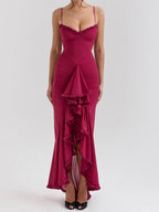 Early Autumn Women Wear High Grade Mesh Camisole Pleated Irregular Asymmetric Sleeveless Dress