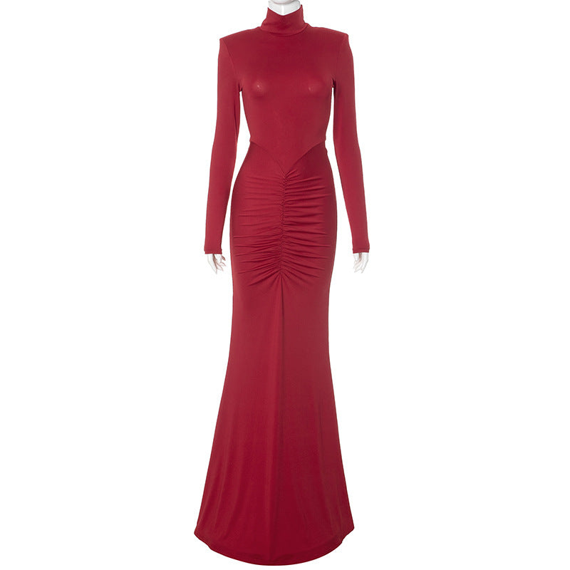 Turtleneck Long Sleeve with Padded Shoulder Pleated Hip Mop Fishtail Dress