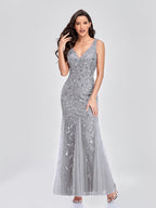 Evening Dress V neck Tulle Embroidered Sequ Mermaid Prom Formal Dress