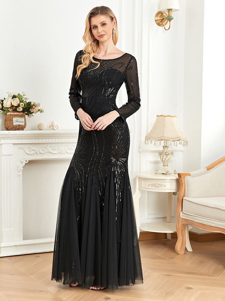Dress Long Sleeve round Neck Slim Fit Fishtail Bridesmaid Cocktail Evening Dress for Toasting Elegant