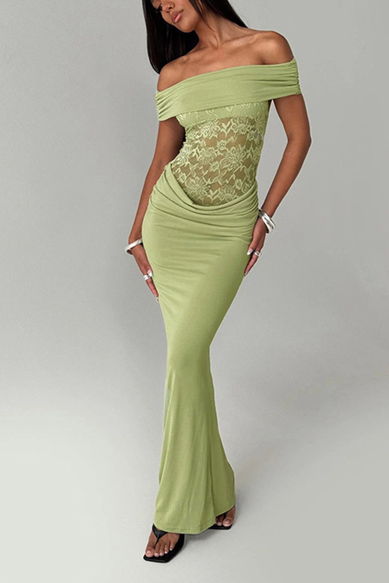 Women's Spring/Summer New Solid Color Off Shoulder Splicing Lace Extra Long Slimming Dress
