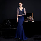 Full Craft Lace Diamond Toast Dress Bride Long Long Sleeve Appreciation Dinner Fishtail Evening Dress Formal Gown