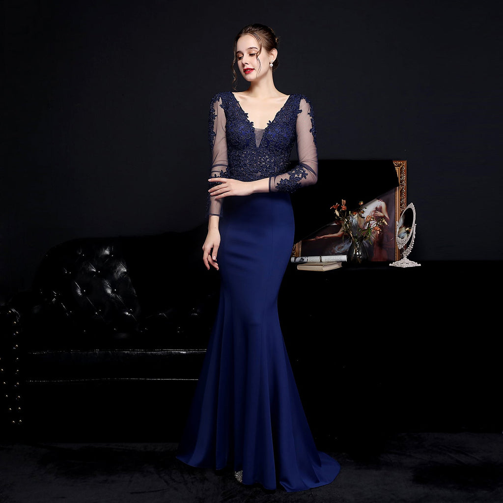 Full Craft Lace Diamond Toast Dress Bride Long Long Sleeve Appreciation Dinner Fishtail Evening Dress Formal Gown