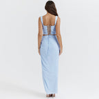 Chiffon Printed Spaghetti Straps Cropped Top Skirt Split Dress Two Piece Sets