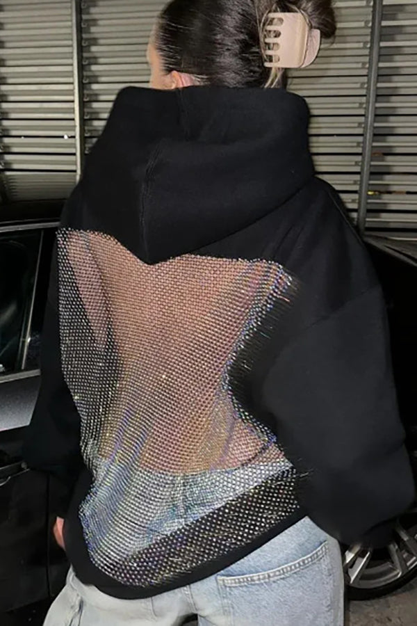 Fashionable Shiny Mesh Hollow Back Loose Long-sleeved Hooded Sweatshirt
