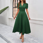 Jennifer Exclusive Dress with Puff Sleeves, V Neckline and Gathered Waist Statement Occasion Edit