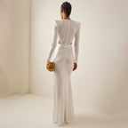 White Long Sleeve Pleating Hollow Out Cutout Cross Dress V Neck Metal Waist