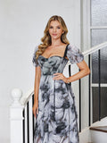 French Vintage Square Collar Detachable Puff Sleeve Boning Corset Dress Ink Printing Wide Hem Gauzy Princess Maxi Dress