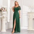 Quality Elegant Short Sleeve Square Collar Shiny Bright Tulle Evening Dress A Line Side Slit Prom Maxi Dress