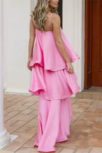 Soft and Smooth Satin Tiered Slip Square Neck A-line Maxi Dress