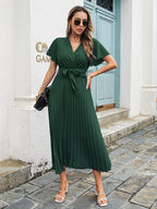 Josefa Satin Pleated Midi Dress Emerald FINAL