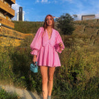 Pink Plaid Doll Collar Long Sleeve Dress GracefulA line Dress