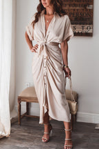 Luv Satin Tie Front Midi Shirt Dress Champagne
