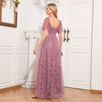 Elegant See through Short Sleeve V neck U Back Evening Dress A line Embroidery Mesh Full Lining Dress
