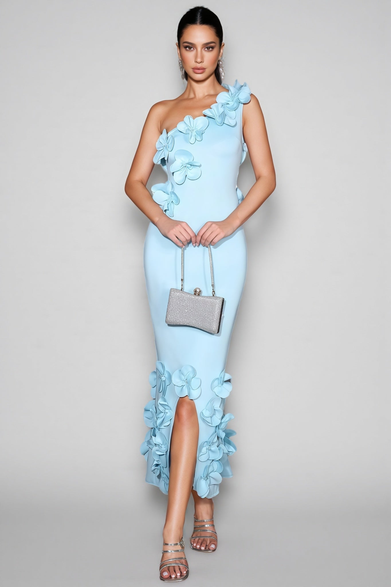 Tamarah Blue One-Shoulder 3D Floral Maxi Dress