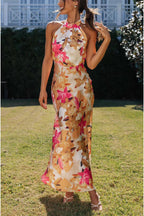 Happier Now Satin Floral Halter Maxi Dress