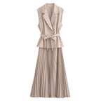 Double-Breasted Belted Vest And Dress Set
