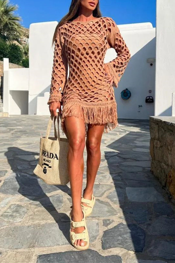 Beautiful Long Sleeved Pullover Fringed Mesh Cover Up