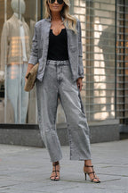 Casual Meetup Denim Stand Neck Long Sleeve Belted Loose Jacket