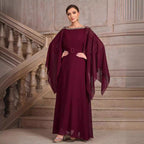 Solid Color Shawl Sleeve round Neck Belt Chiffon Elegant Cocktail Evening Dress