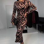 Printed Slim Fit High Waist Midi Dress Long Sleeve