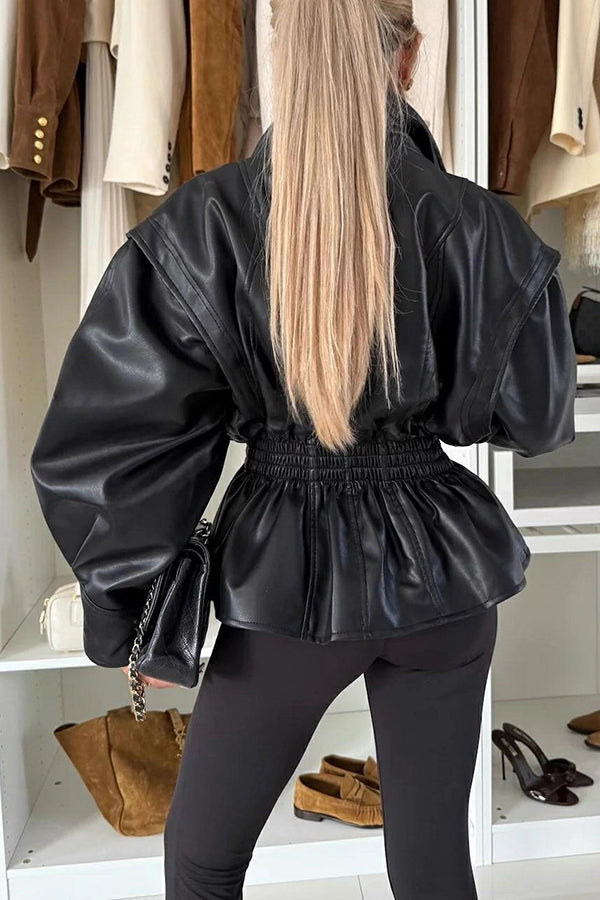 Play It Cool Faux Leather Single Button Elastic Waist Lapel Moto Jacket