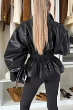 Play It Cool Faux Leather Single Button Elastic Waist Lapel Moto Jacket